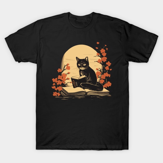 Floral Black Cat And Book Catshirt T-Shirt by VisionDesigner